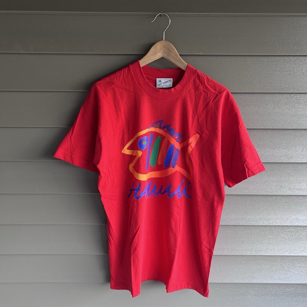 Vintage 80s Sgt Leisure Hawaii Fish T Shirt Mens L Red Made USA Graphic Tee